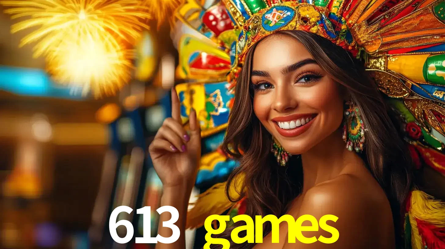 Mulher sorridente com um cocar de carnaval vibrante e colorido, celebrando uma grande vitória nos jogos do cassino 613 games com fogos de artifício ao fundo.