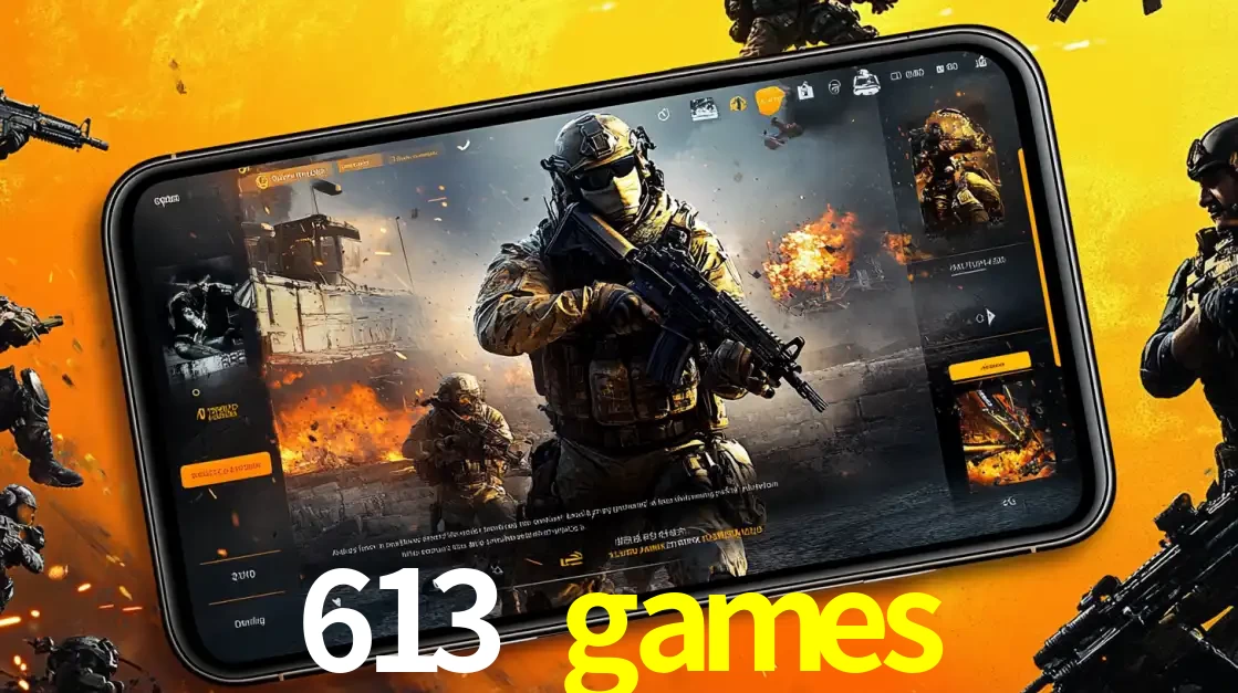 Um smartphone exibindo a interface de um jogo de tiro em primeira pessoa, com um soldado em um cenário de batalha, representando a ação dos e-sports para apostar no 613 games.