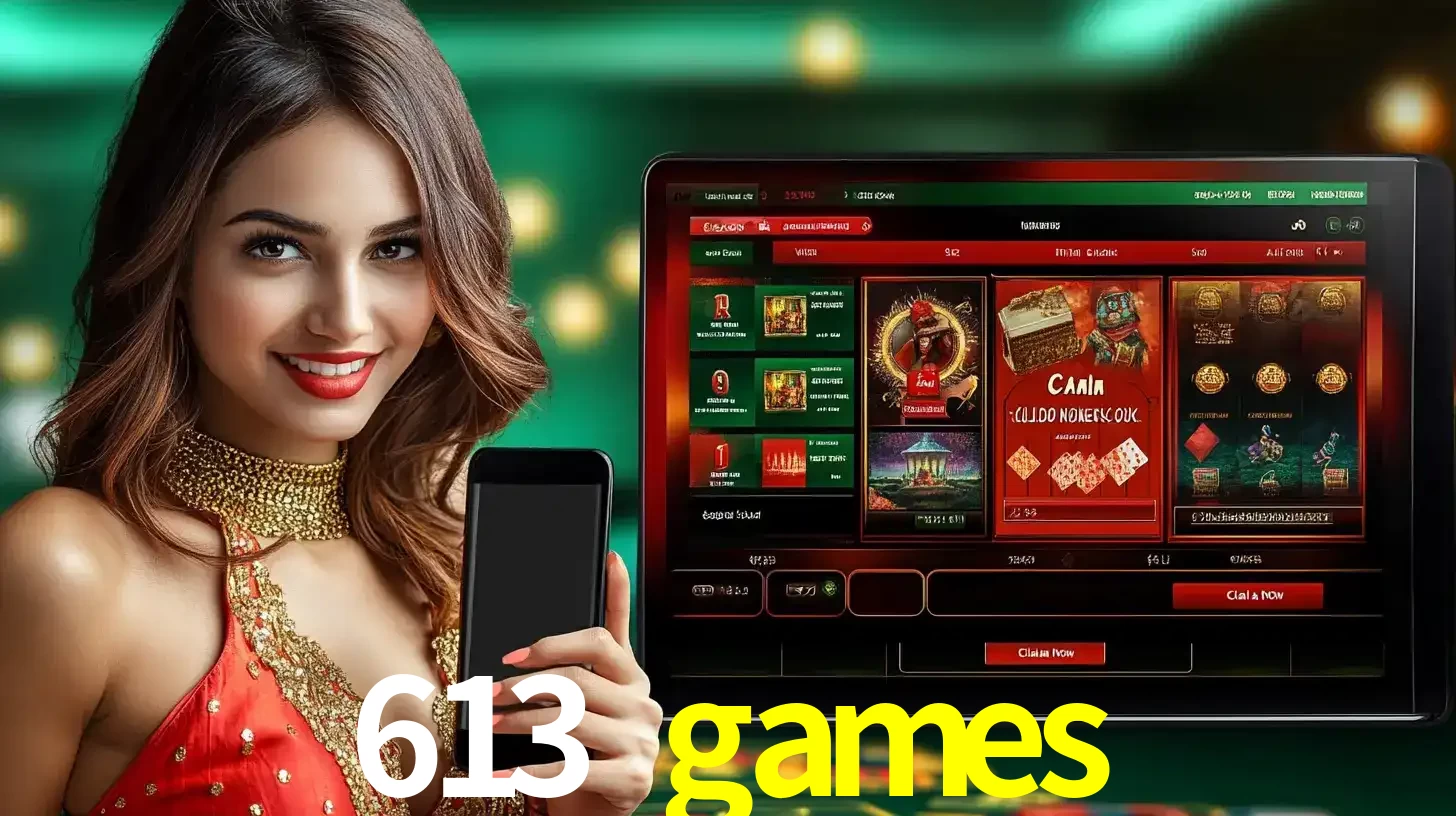 Mulher sorridente segurando um smartphone, ao lado de uma tela exibindo o lobby de jogos do cassino online 613 games, com várias opções de jogos de cartas e slots.